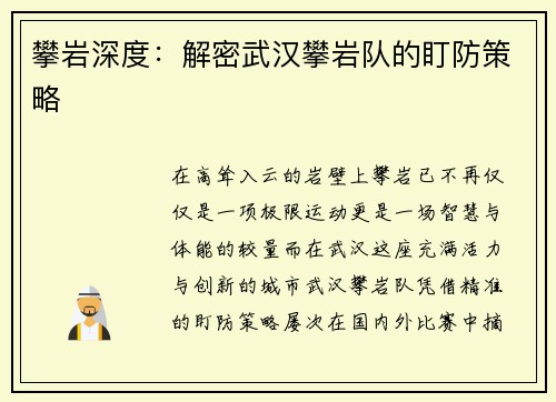 攀岩深度：解密武汉攀岩队的盯防策略