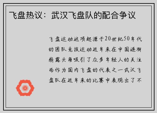 飞盘热议：武汉飞盘队的配合争议