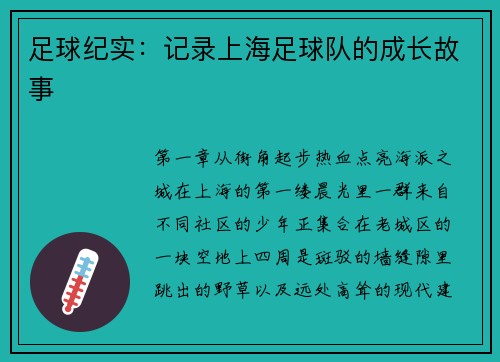 足球纪实：记录上海足球队的成长故事